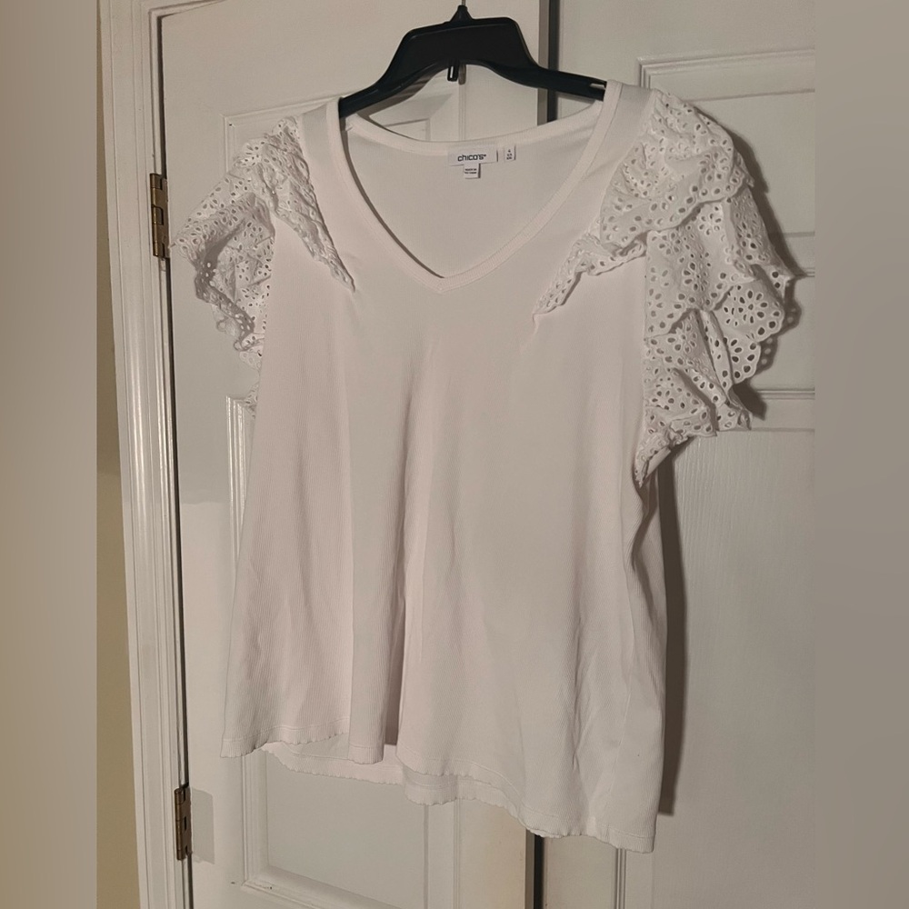 white ruffled eyelet cap sleeve top